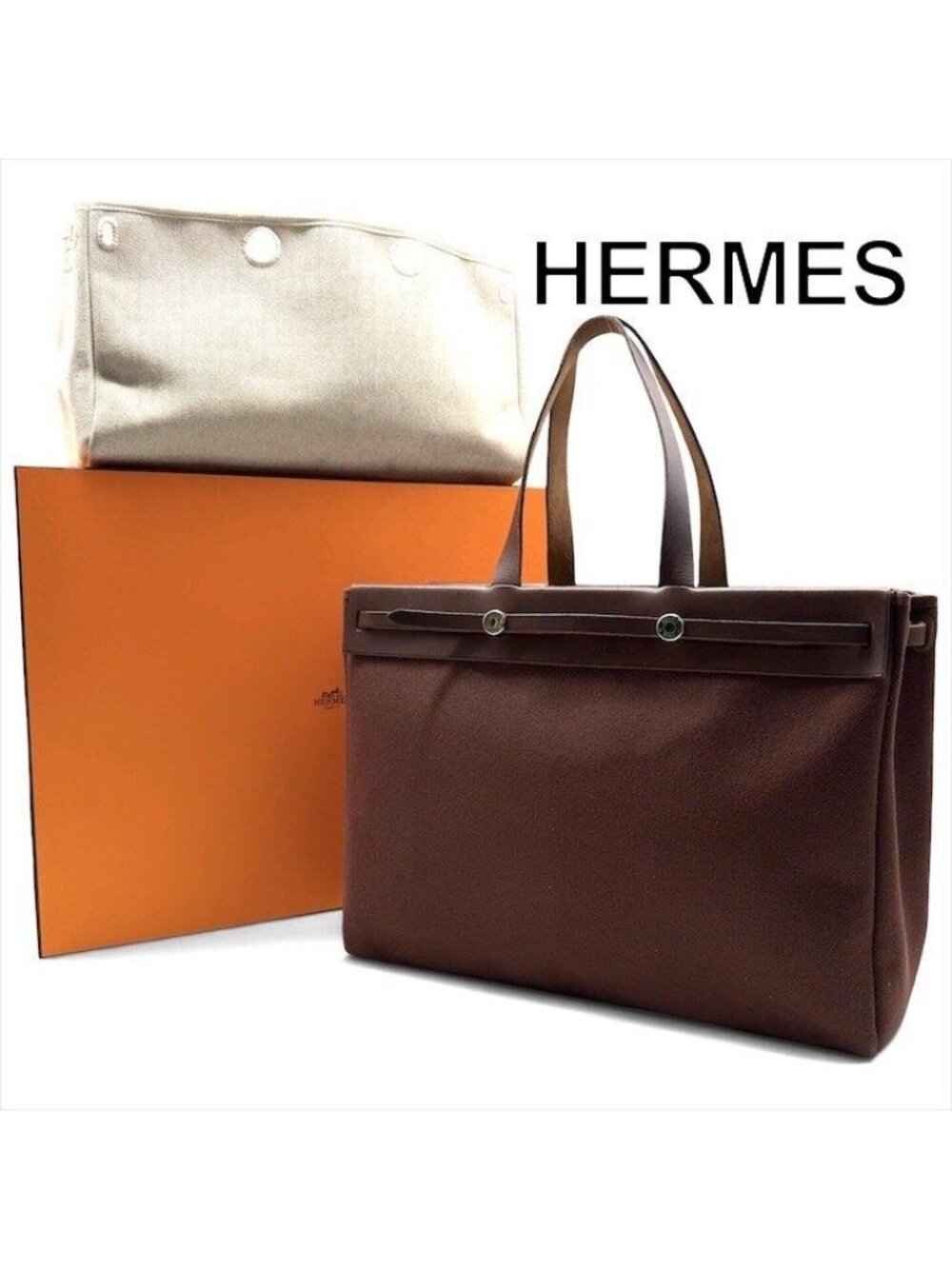 Hermes Herbag Cabas GM Brown Canvas Tote Bag Gold Shikaku